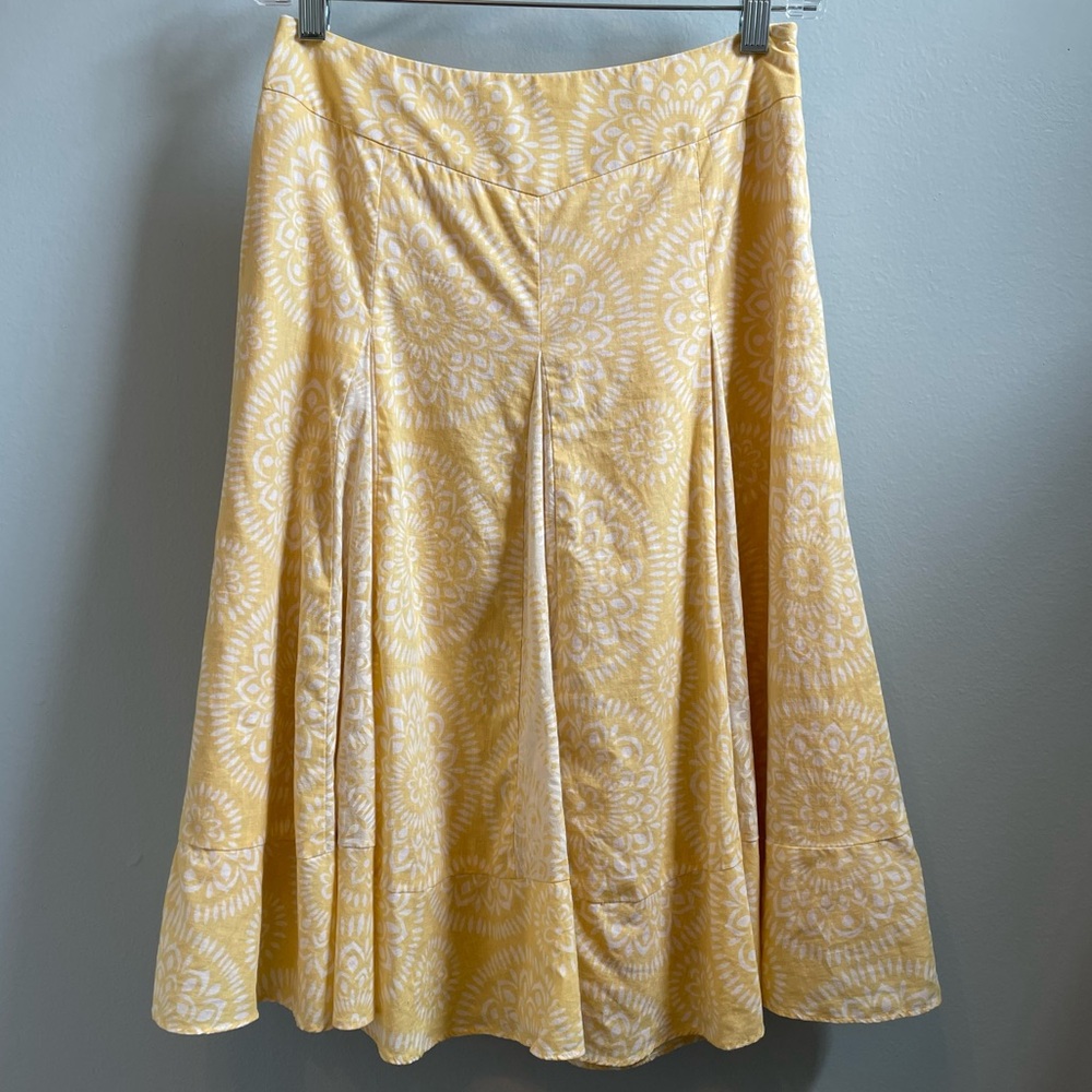 Ann Taylor Loft Butter Yellow Floral Pleated Fit & Flare Linen Blend Midi Skirt